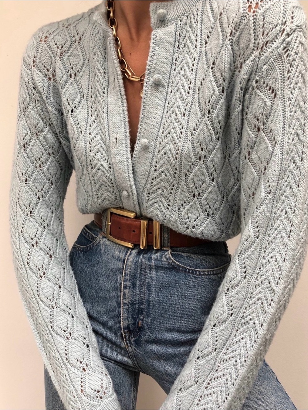 Vintage sky Blue Women's Pointelle Knit Cardigan Sweater